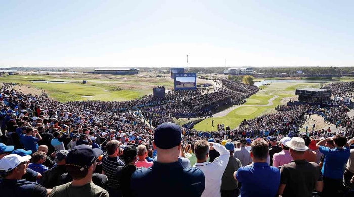 Rory McIlroy of Europe plays his shot from the first tee during singles matches of the 2018 Ryder Cup at Le Golf National in Paris, France.